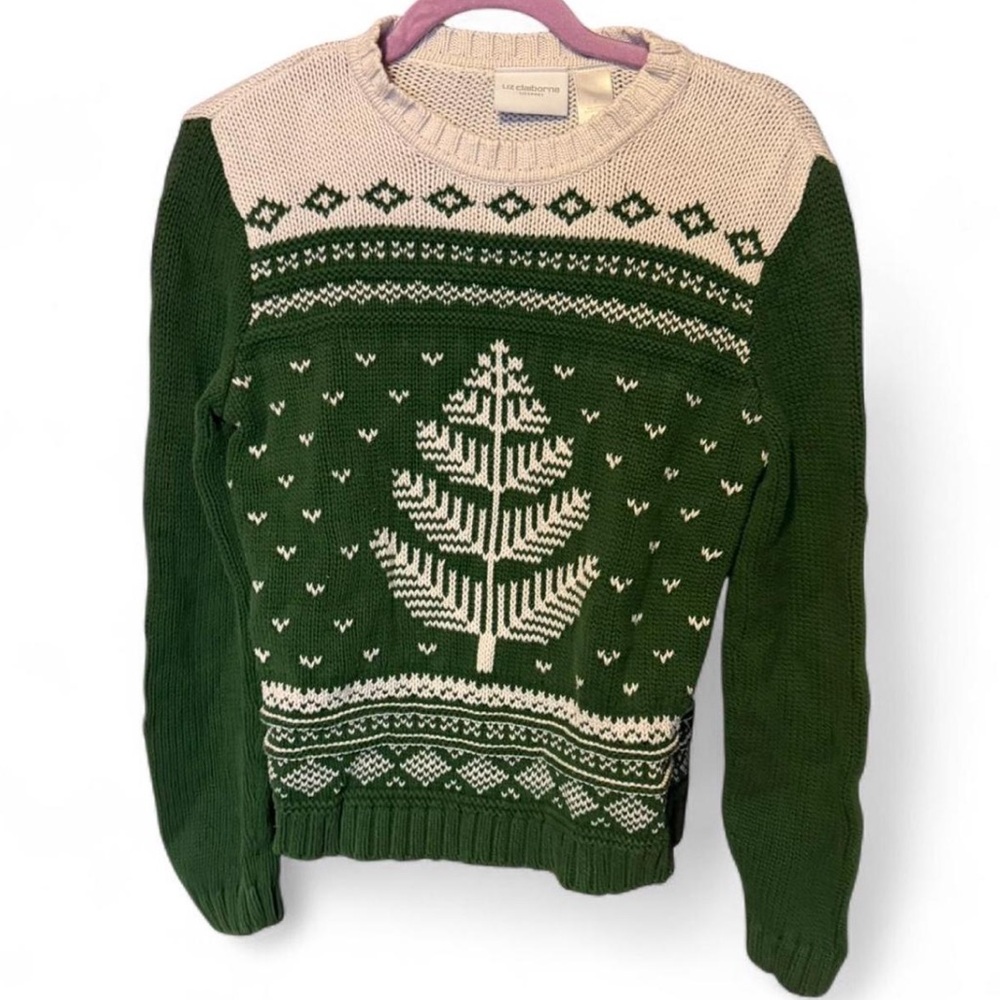 Liz Claiborne Green and Cream Knit Sweater